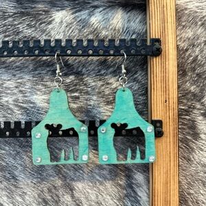 Wooden Turquoise Cow Cutout Earrings